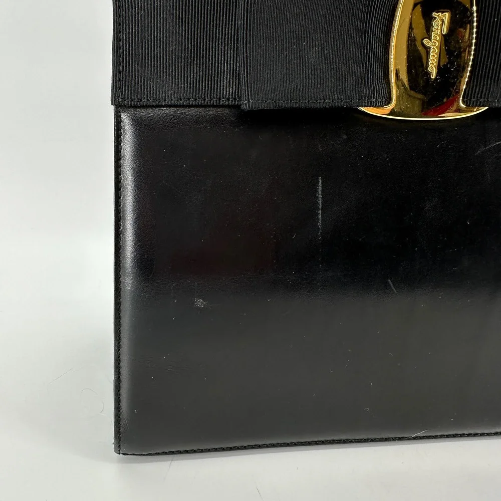 Salvatore Ferragamo Vintage Vara Ribbon Top Handle Bag Black Calfskin AQ-214178